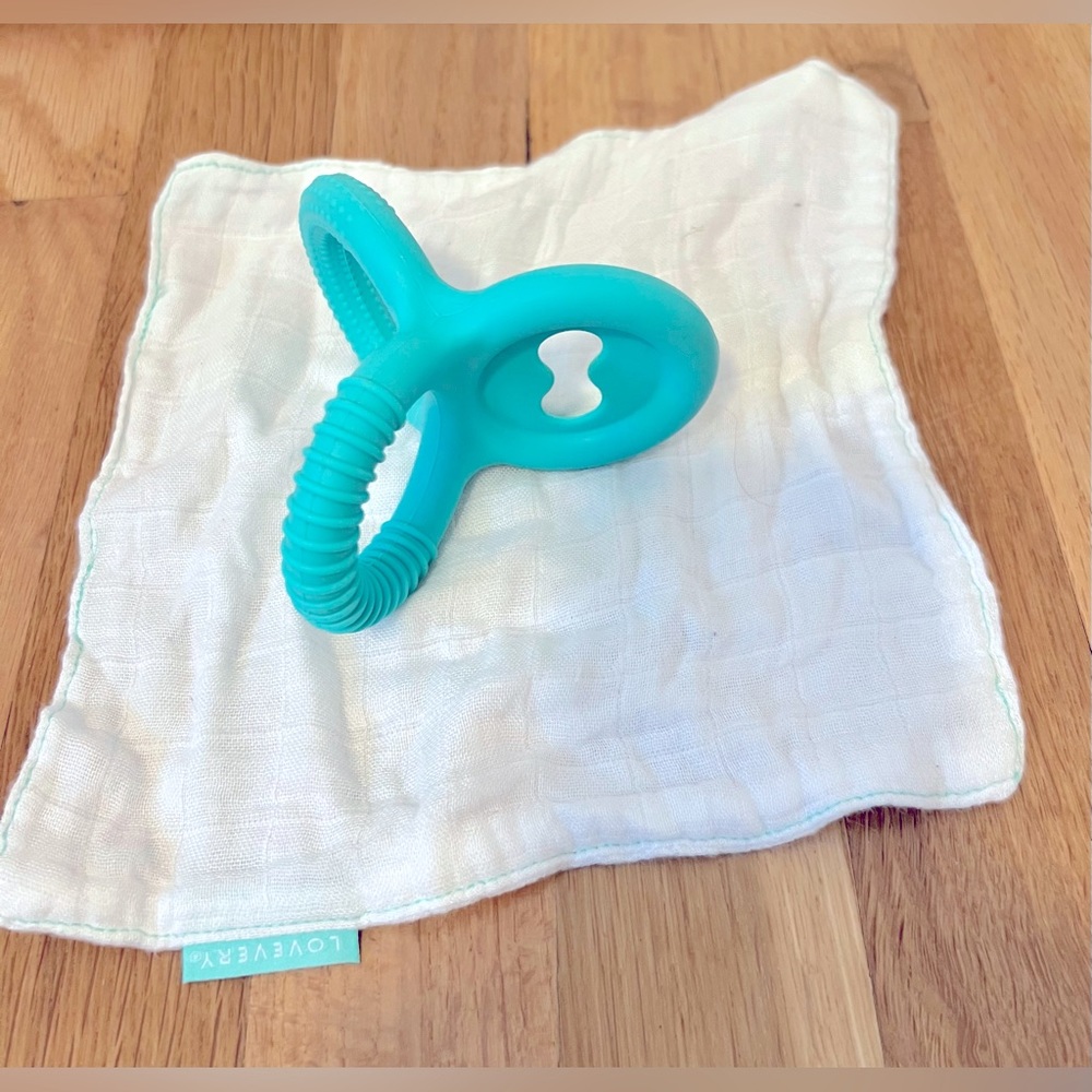 Lovevery Silicone Teether and Organic Cotton Teething Cloth